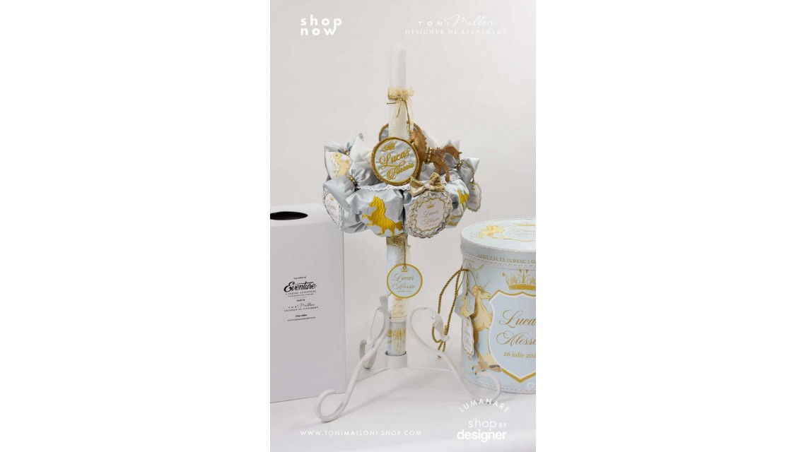 Lumanare botez regala cu broderie personalizata Royal Horse Gold 6